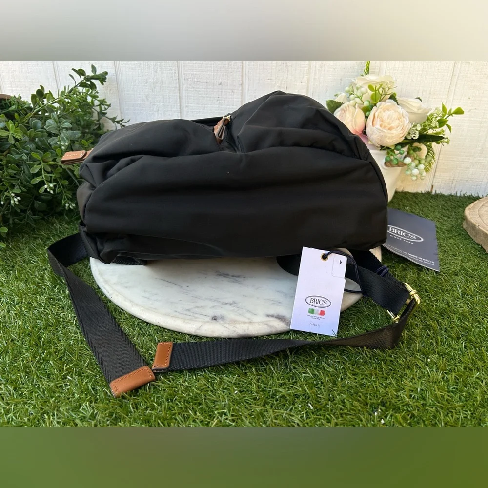 Bric's Black Nylon Backpack with Tan Leather Trim